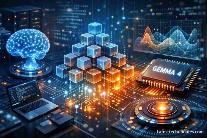 Gemma 4 AI architecture with neural network and microchip visualization