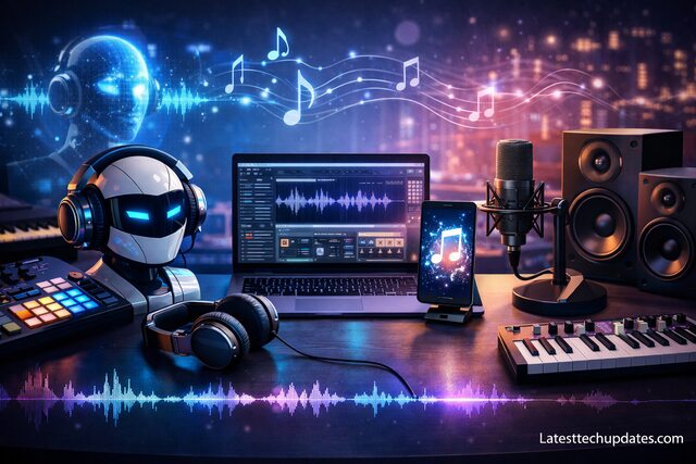 AI music tools digital production setup with robot and laptop