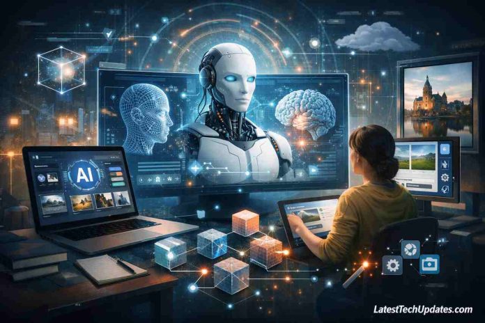 AI image generation process with robot and digital tools