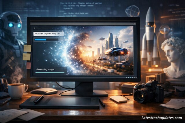 AI generating futuristic city from text prompt on computer screen
