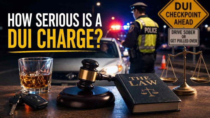Police officer questioning driver at DUI checkpoint with legal symbols