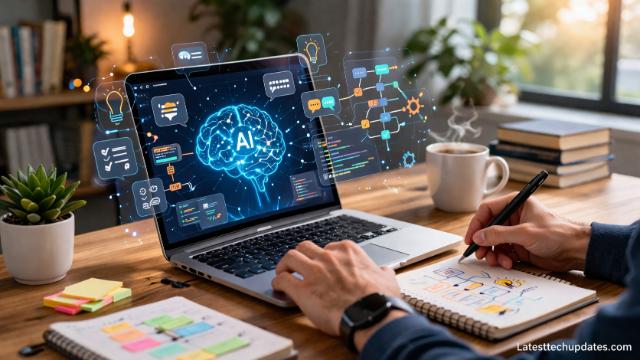 AI prompt structure on laptop screen with workspace setup