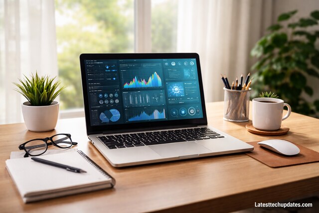 Modern workspace with laptop showing data dashboard