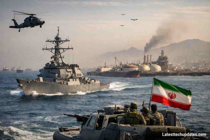 US and Iranian naval ships near oil port during geopolitical tension