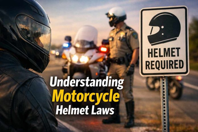 Motorcyclist wearing helmet near police officer with helmet law sign