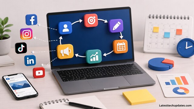 Social media workflow management illustration with analytics and scheduling tools