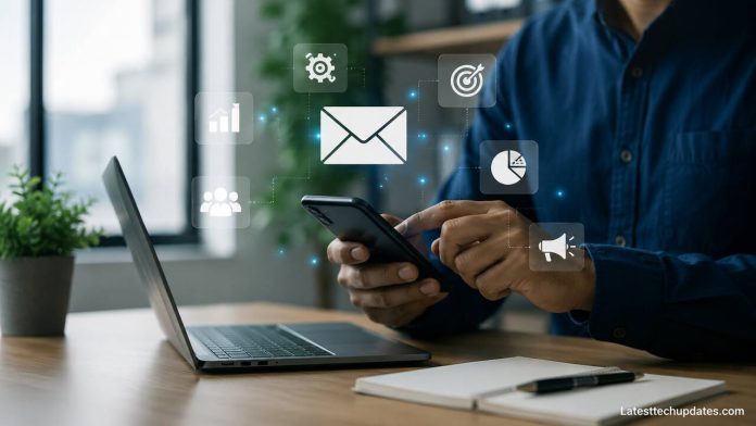 AI tools dashboard for email marketing automation on laptop and smartphone
