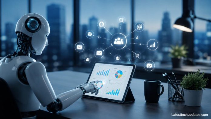 AI marketing automation dashboard with robotic assistant analyzing campaign data
