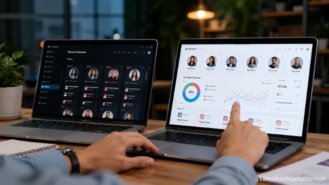 AI influencer marketing platform comparison dashboard on laptops