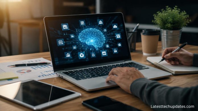 AI productivity tools workspace with laptop and smart workflow setup