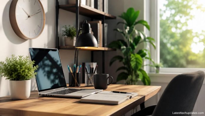Modern workspace with AI productivity tools for time management and focus