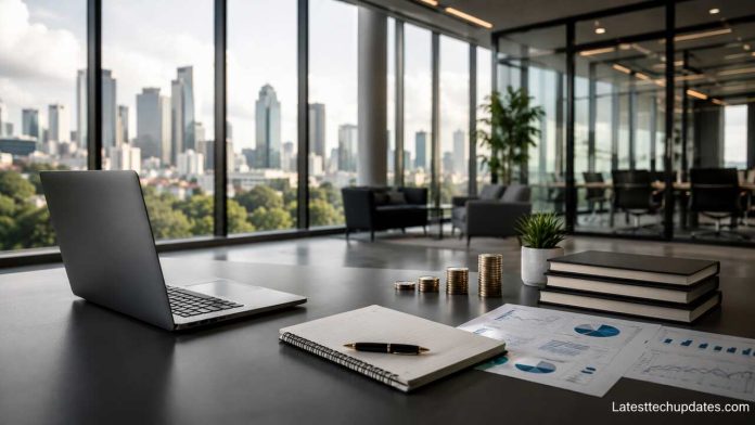 Modern business office workspace with financial reports, laptop, and growth-focused corporate environment.