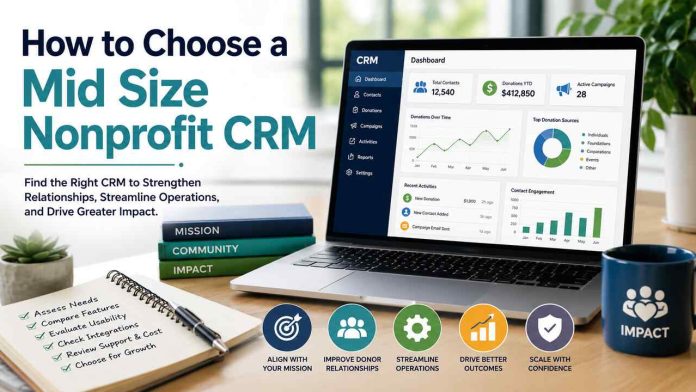 Mid size nonprofit CRM dashboard with donor management and nonprofit growth analytics.
