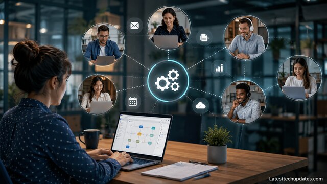Remote team automating workflows through digital collaboration tools