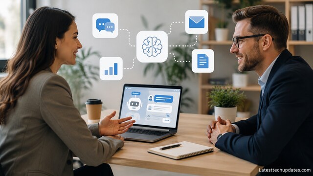 AI writing tools improving client communication during a business meeting