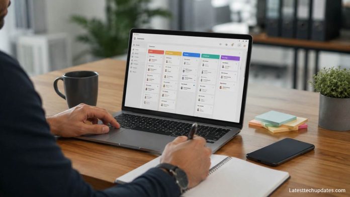 Professional using AI task management software for productivity