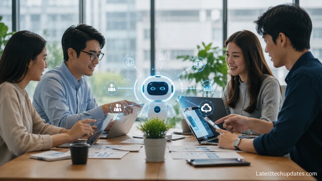 Team collaborating with AI support in a modern office
