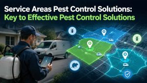 Pest control service areas shown on a digital map with coverage zones and routes