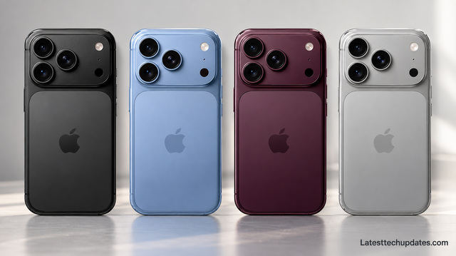 iPhone 18 Pro Max concept in black, blue, burgundy, and silver with redesigned triple-camera system