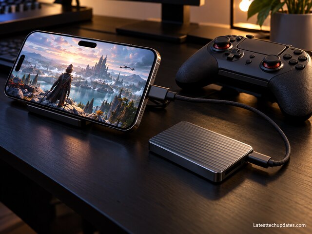 iPhone 18 Pro Max with gaming controller and USB-C external SSD on a dark desk with warm ambient lighting.