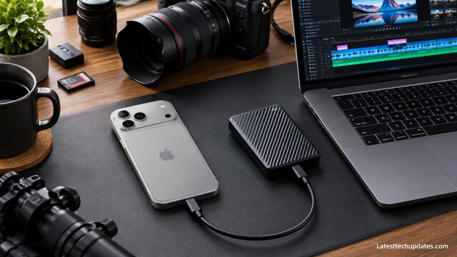 iPhone 18 Pro Max connected to an external SSD by USB-C on a professional video editing desk.