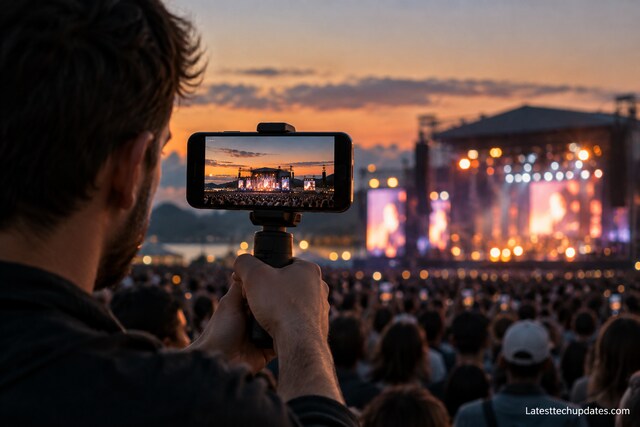 Person using an iPhone 18 Pro Max telephoto camera on a handheld grip to photograph a distant outdoor concert stage at sunset.