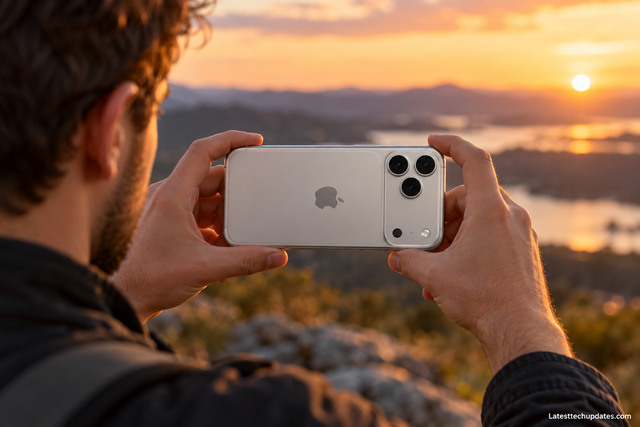 Photographer using an iPhone 18 Pro Max concept phone in landscape mode at golden hour.