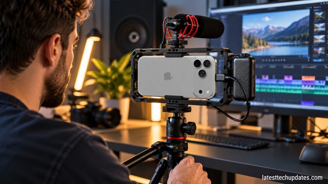 iPhone 18 Pro Max mounted in a professional video cage with external SSD and microphone in a content creator studio.