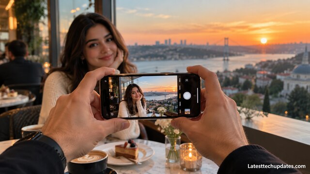 iPhone 18 Pro Max photographing a woman in a softly lit cafe at sunset.