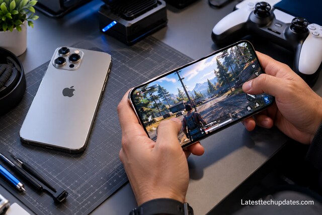 iPhone 18 Pro Max gaming thermal performance test on a technical workbench.