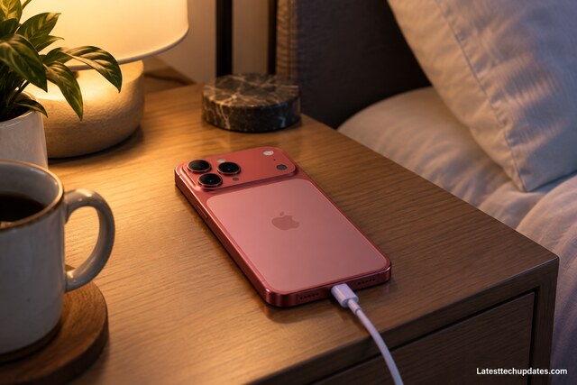 iPhone 18 Pro Max charging with a USB-C cable on a bedside table at night.