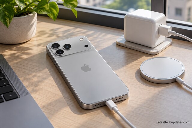 iPhone 18 Pro Max charging with USB-C cable beside a power adapter and MagSafe charger on a modern desk.