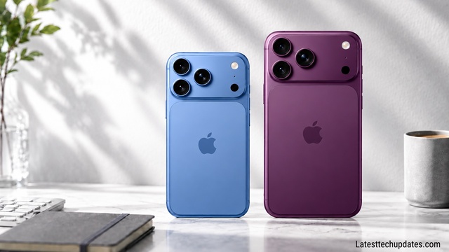iPhone 18 Pro and iPhone 18 Pro Max shown side by side in blue and purple, highlighting their size difference.