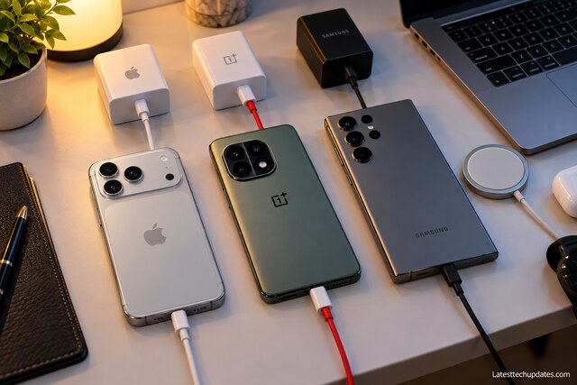 iPhone 18 Pro Max, OnePlus 15, and Samsung Galaxy S26 Ultra connected to USB-C chargers on a modern desk.
