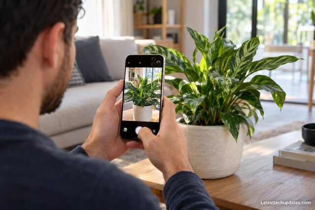 Person using an iPhone 18 Pro Max camera to analyze a houseplant with visual intelligence.