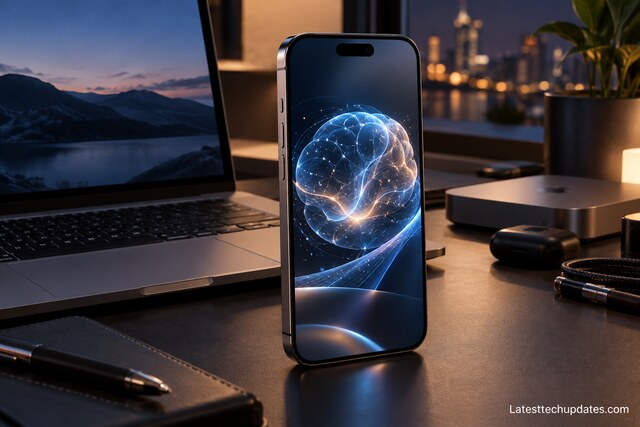 iPhone 18 Pro Max displaying private on-device AI beside a MacBook on a secure professional technology workspace.