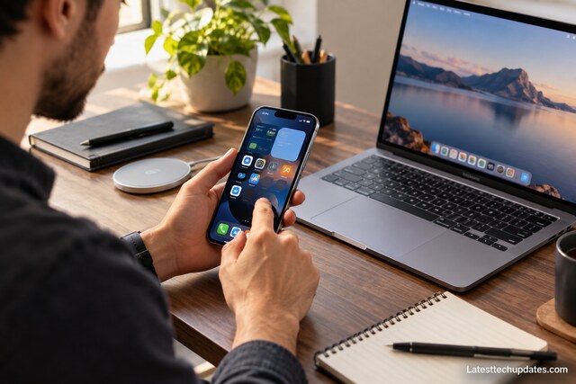 iPhone 18 Pro Max being used at a professional home-office desk beside a laptop and wireless charger.