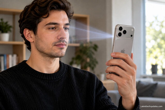 Person using Face ID on an iPhone 18 Pro Max in a modern home.