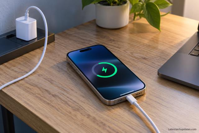 iPhone 18 Pro Max charging with a USB-C cable on a wooden desk.