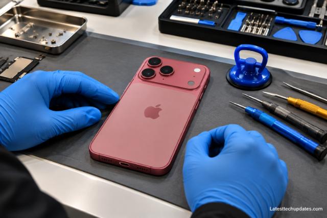 iPhone 18 Pro Max on a professional repair bench with precision tools and technician gloves.