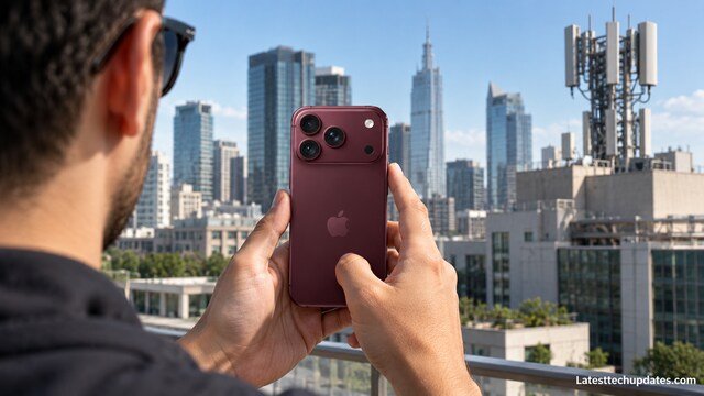 iPhone 18 Pro Max in deep burgundy held outdoors with modern city buildings and 5G cellular towers in the background.