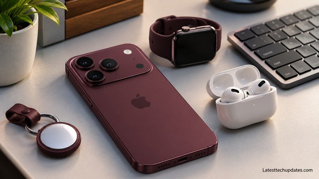 iPhone 18 Pro Max with wireless earbuds, smartwatch, keyboard, and smart tracker on a modern desk.