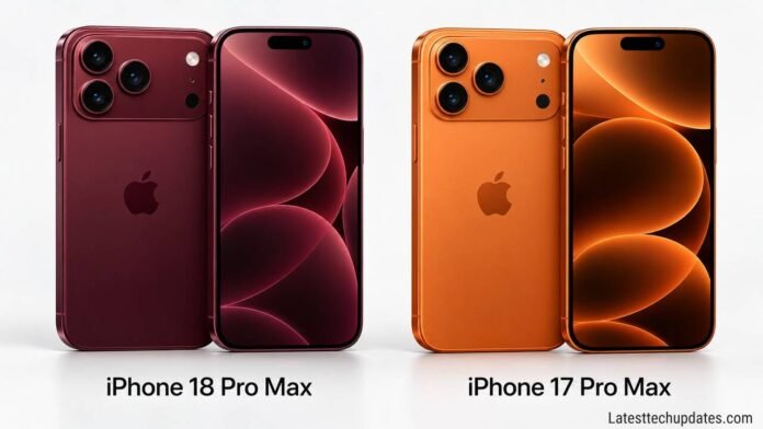 iPhone 18 Pro Max vs. iPhone 17 Pro Max: Should You Upgrade in 2026? iPhone 18 Pro Max vs iPhone 17 Pro Max side-by-side comparison in burgundy and orange.