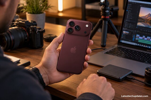 Content creator holding a burgundy iPhone 18 Pro Max beside a laptop, camera gear, tripod, and external USB-C storage.