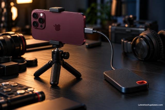 iPhone 18 Pro Max connected to an external SSD via USB-C for professional 4K ProRes video recording.