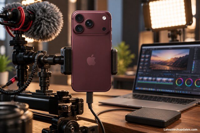 Burgundy iPhone 18 Pro Max mounted on a professional mobile filming rig with microphone, LED light, laptop, and external SSD.