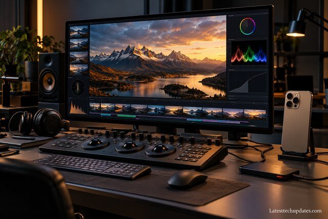 Professional color-grading workstation with an iPhone 18 Pro Max, calibrated editing monitor, grading console, headphones, and external SSD.