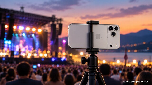 iPhone 18 Pro Max on a tripod recording an outdoor concert at sunset.