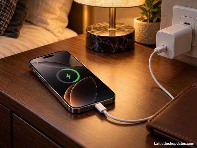iPhone 18 Pro Max charging with a USB-C cable and 60W USB-C PD power adapter on a bedside table.