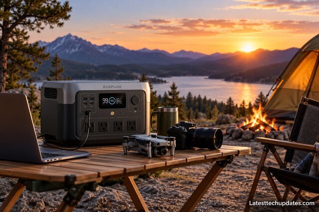 EcoFlow RIVER 2 Pro portable power station powering camping gear at a scenic lakeside campsite during sunset.